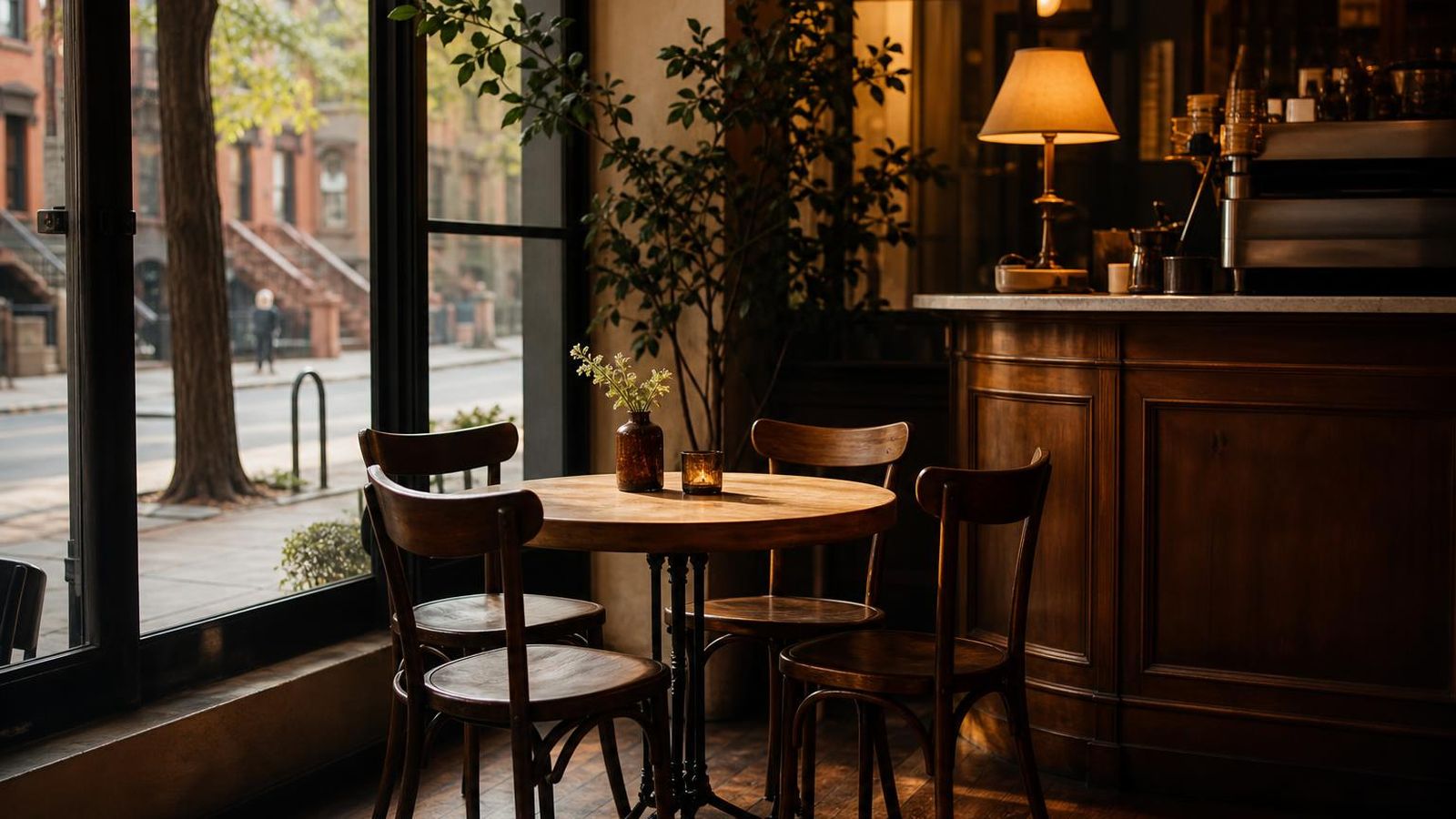 Wooden chairs arranged in rows in a community room with afternoon light through tall windows.