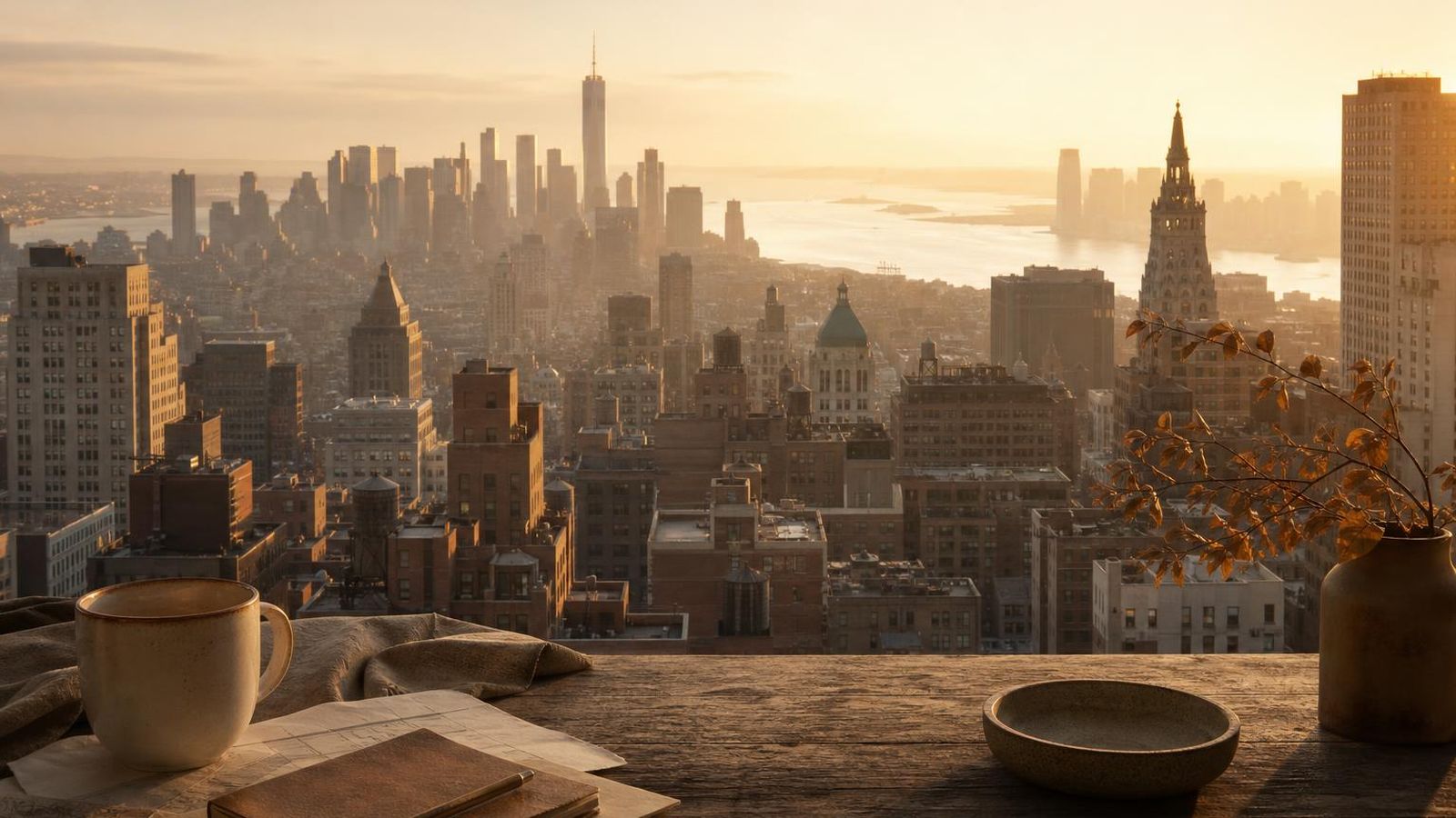 A quiet New York desk with a hardware wallet, a notebook, and warm morning light through tall windows.