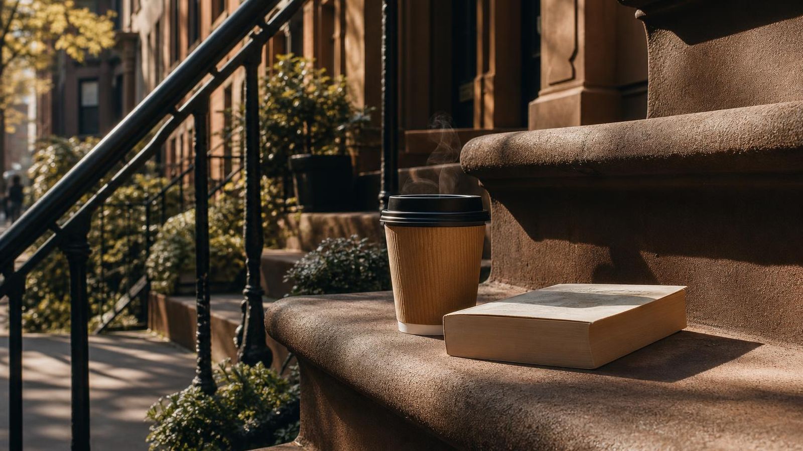 A small Brooklyn café table with a notebook, a phone, and afternoon sunlight.