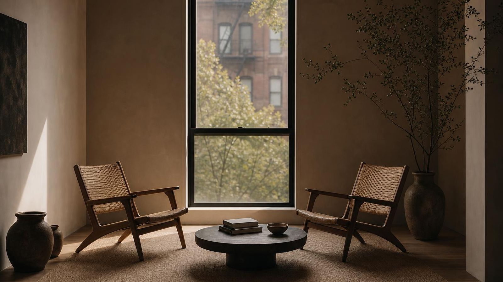 A library reading nook with two armchairs, a small lamp, and shelves of paperbacks.