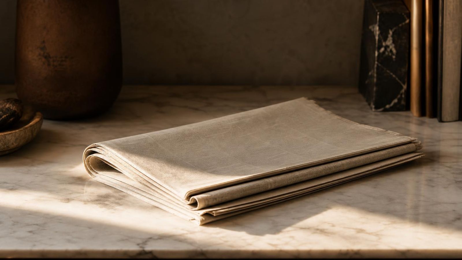 A reporter's notebook and a folded newspaper on a wooden table beside a steady desk lamp.